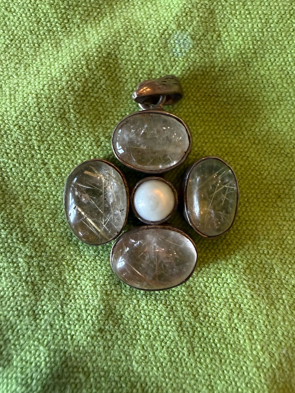 Sterling Silver Pendant with Rutilated Quartz and White Cabochon